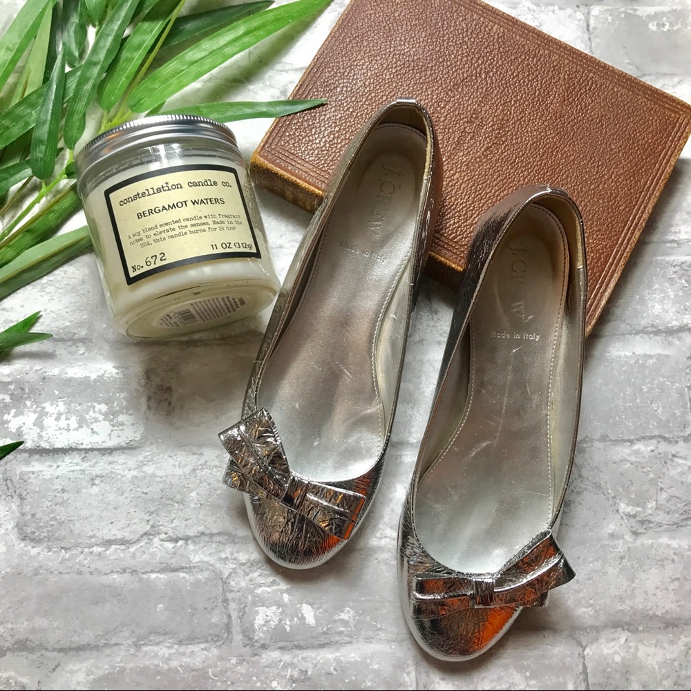 J.Crew | Silver Metallic Bow Tie Ballet Flats 7.5